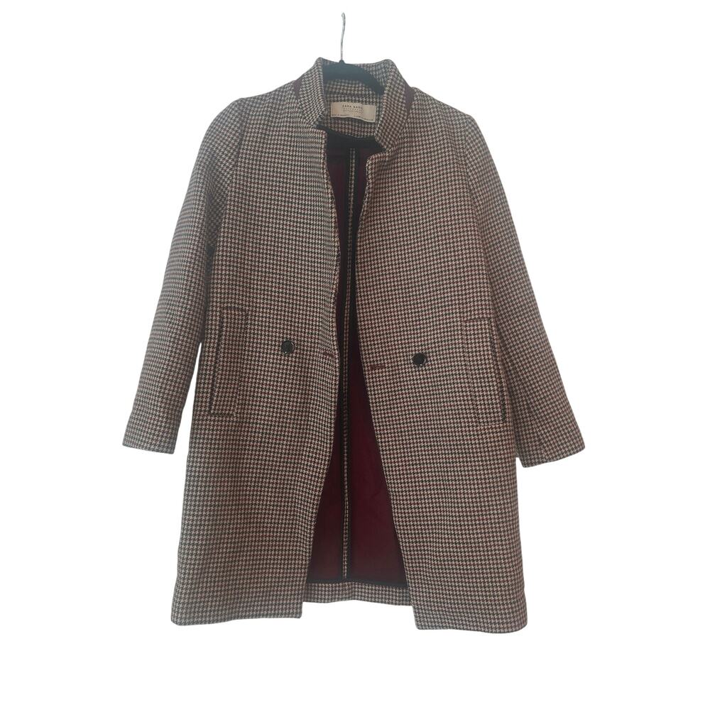 Vintage Zara Basic Houndstooth‎ Cream Coat Burgundy and Black accents - Size XS